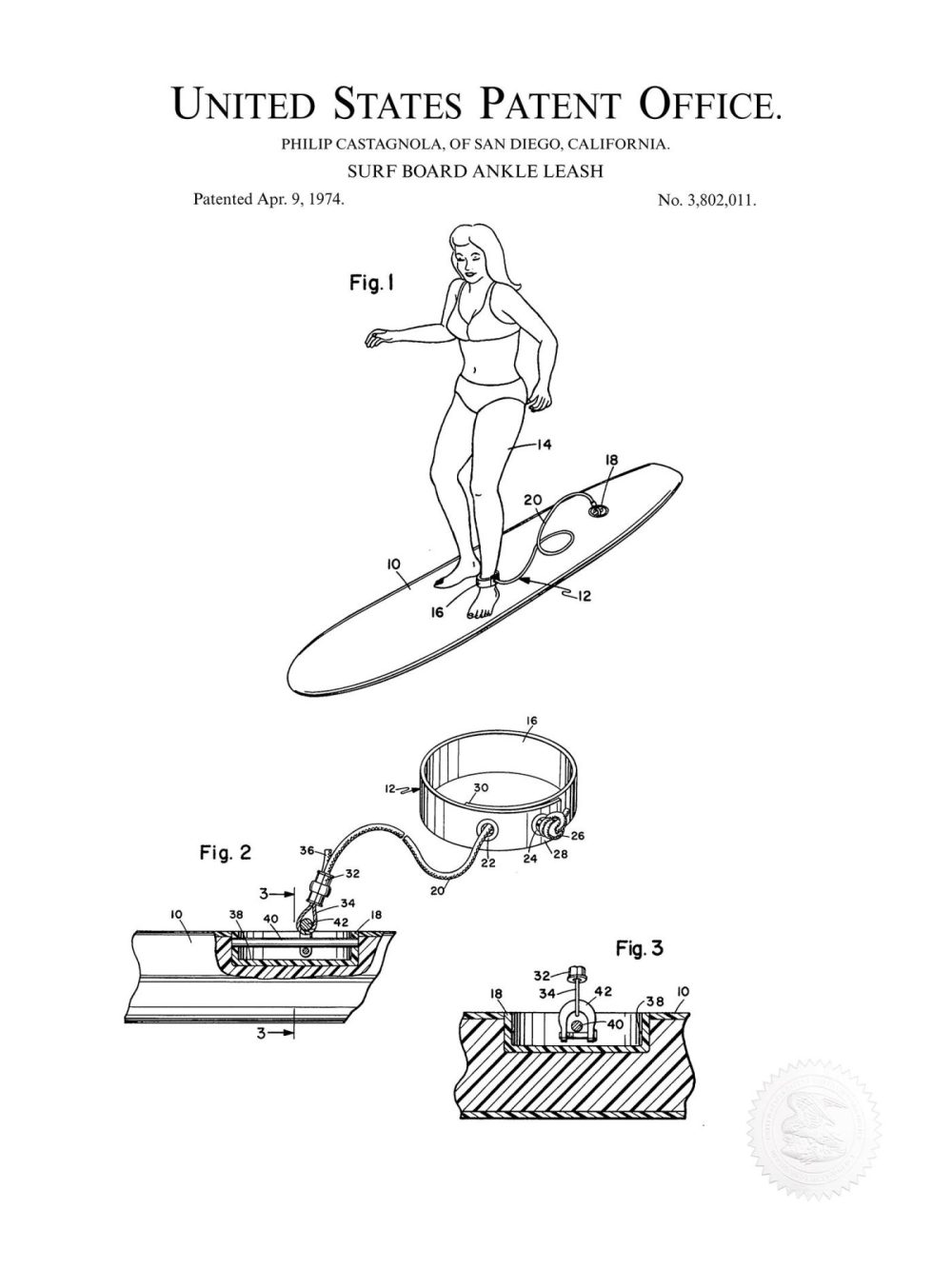 Sports | Surf Board Ankle Leash | 1974 Patent Shop Antique