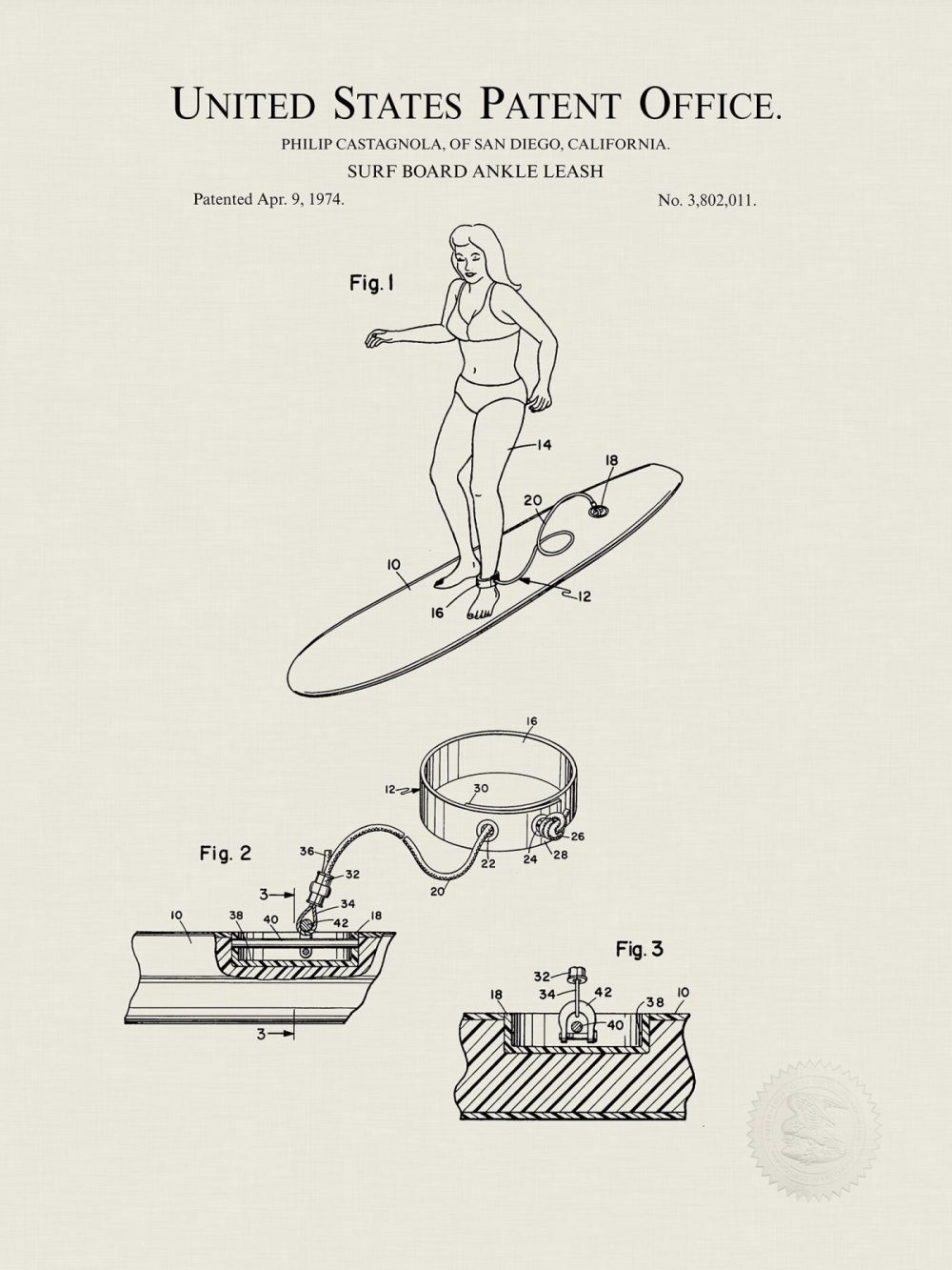 Sports | Surf Board Ankle Leash | 1974 Patent Shop Antique