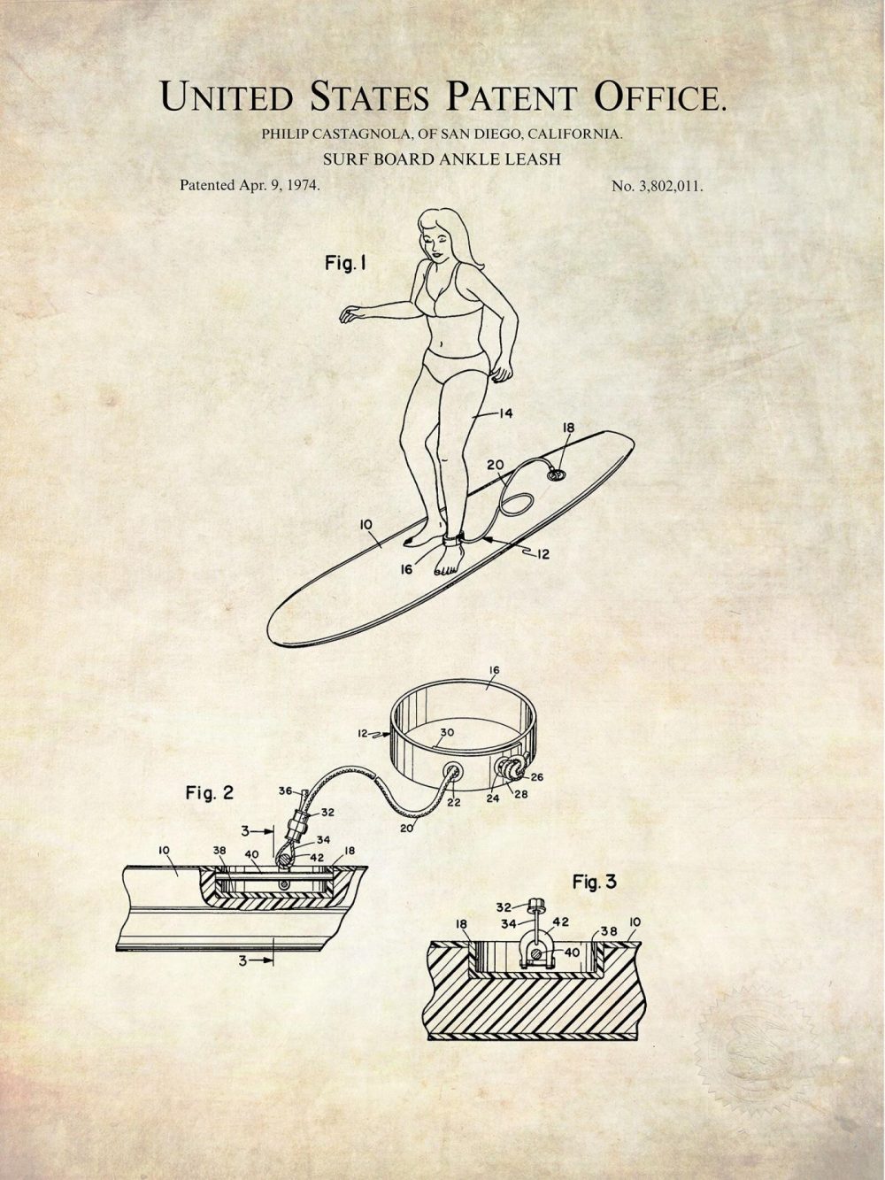 Sports | Surf Board Ankle Leash | 1974 Patent Shop Antique