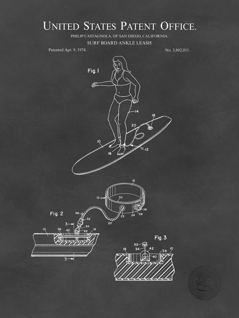 Sports | Surf Board Ankle Leash | 1974 Patent Shop Antique