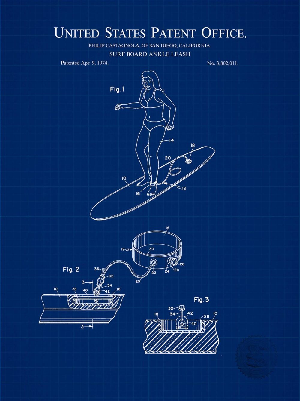 Sports | Surf Board Ankle Leash | 1974 Patent Shop Antique