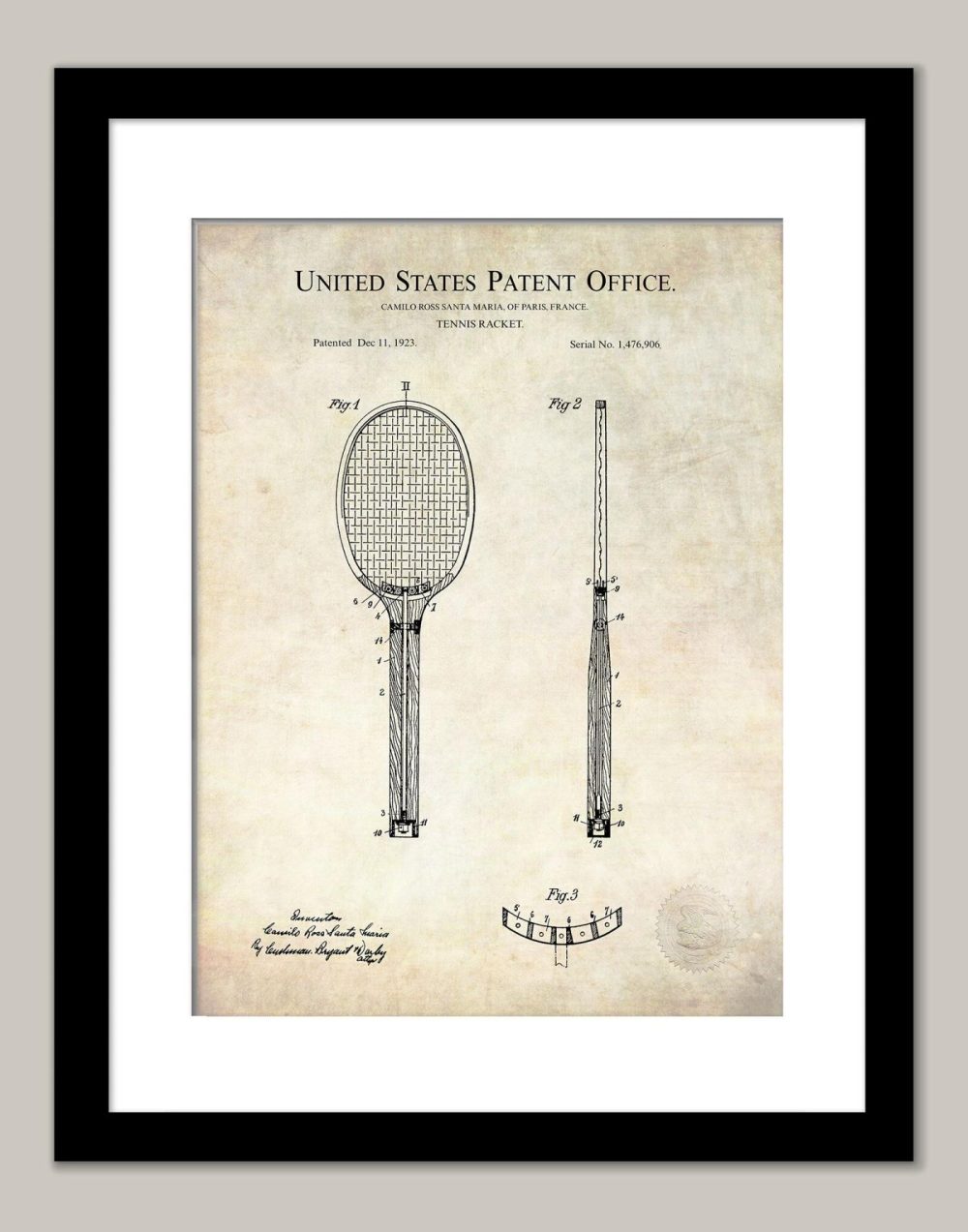 Sports | Tennis Racket Design | 1923 Patent Shop Antique