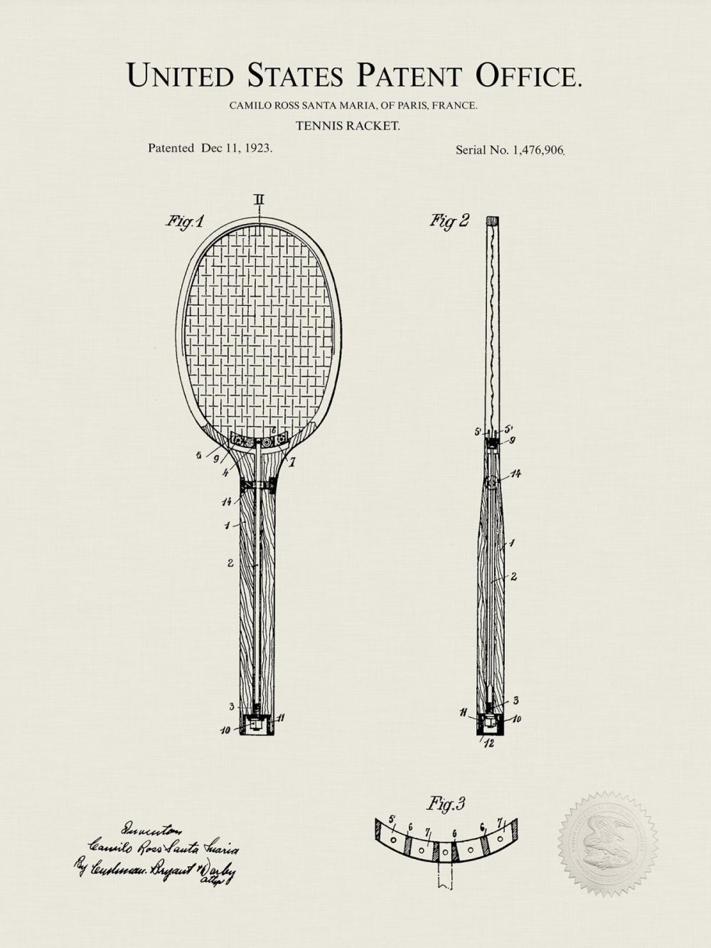 Sports | Tennis Racket Design | 1923 Patent Shop Antique