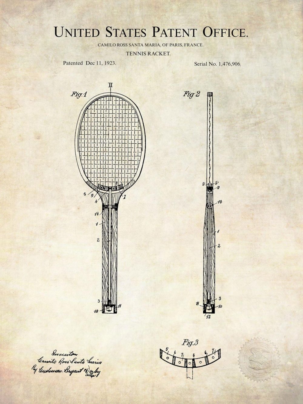 Sports | Tennis Racket Design | 1923 Patent Shop Antique