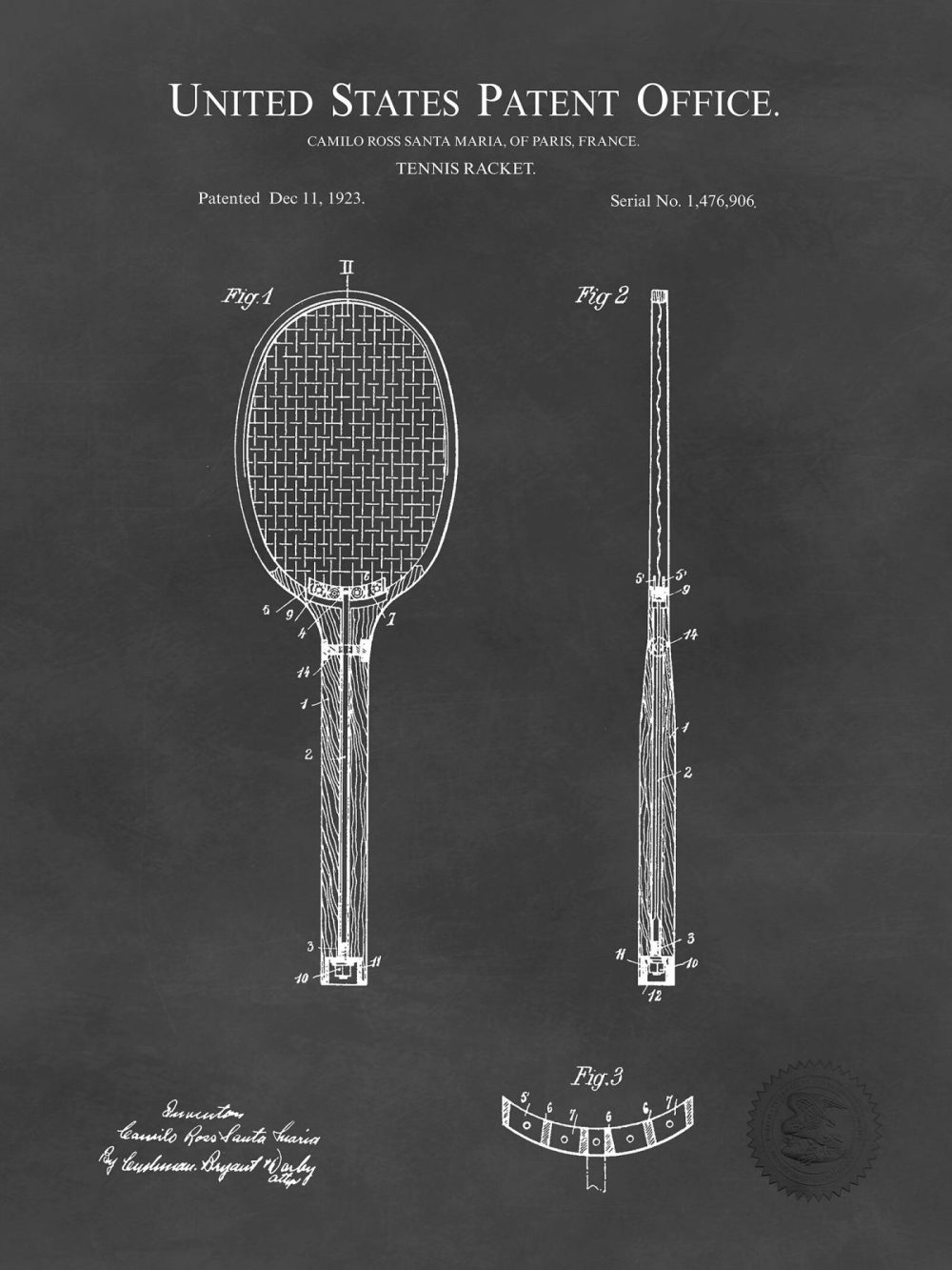 Sports | Tennis Racket Design | 1923 Patent Shop Antique