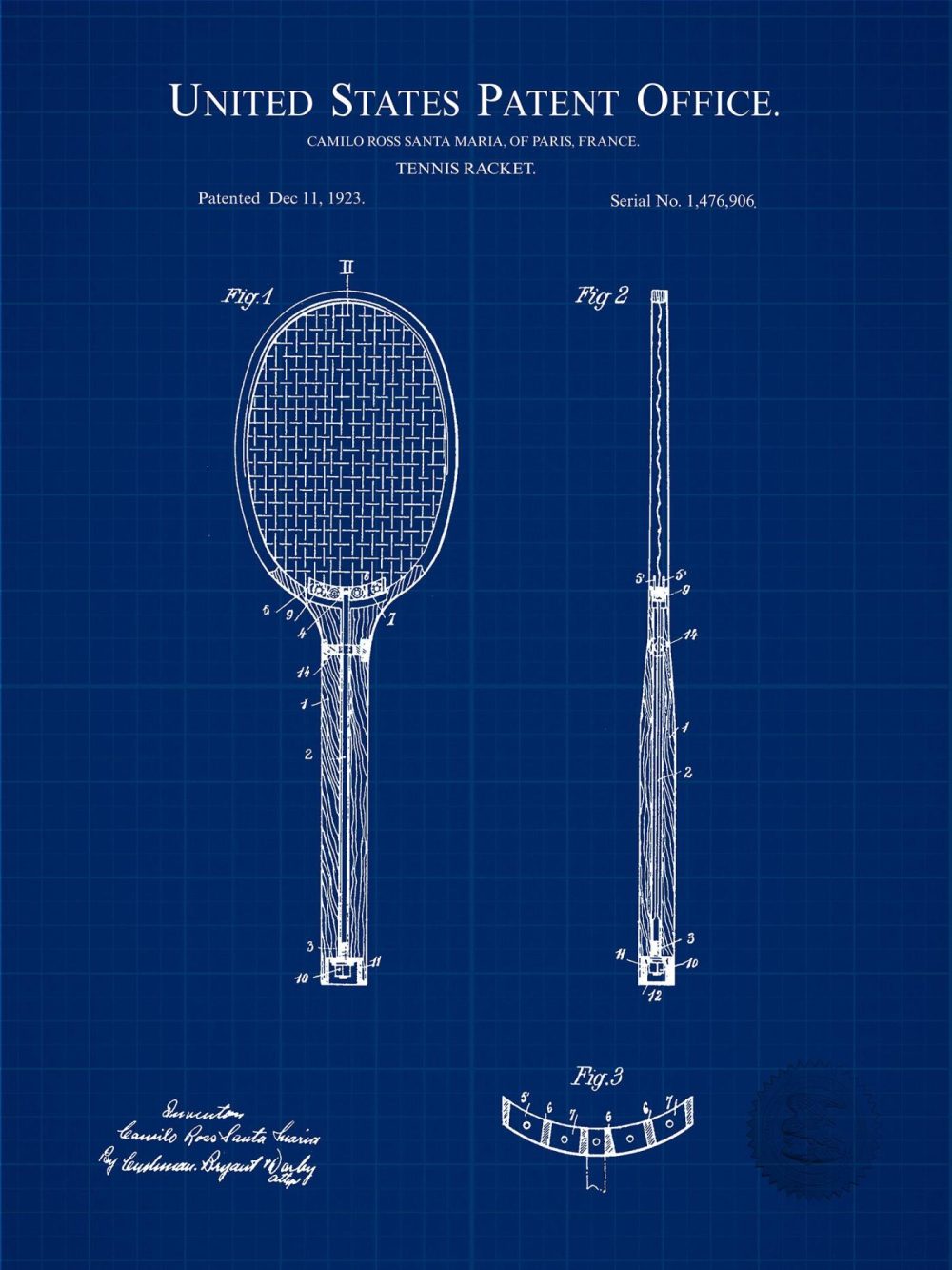 Sports | Tennis Racket Design | 1923 Patent Shop Antique