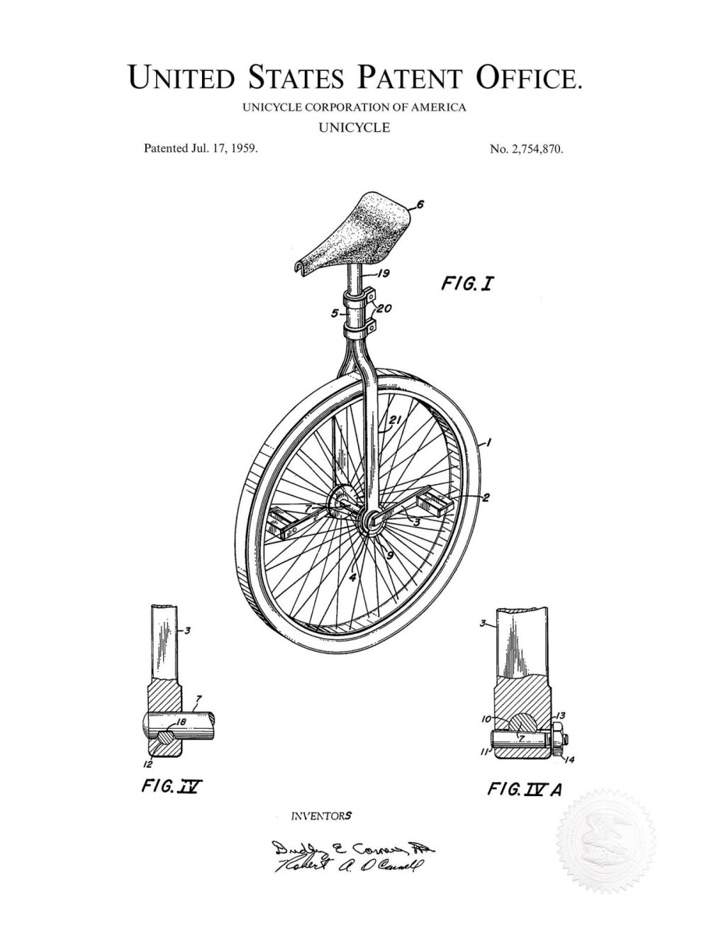 Sports | Unicycle Design | 1959 Patent Print Shop Antique