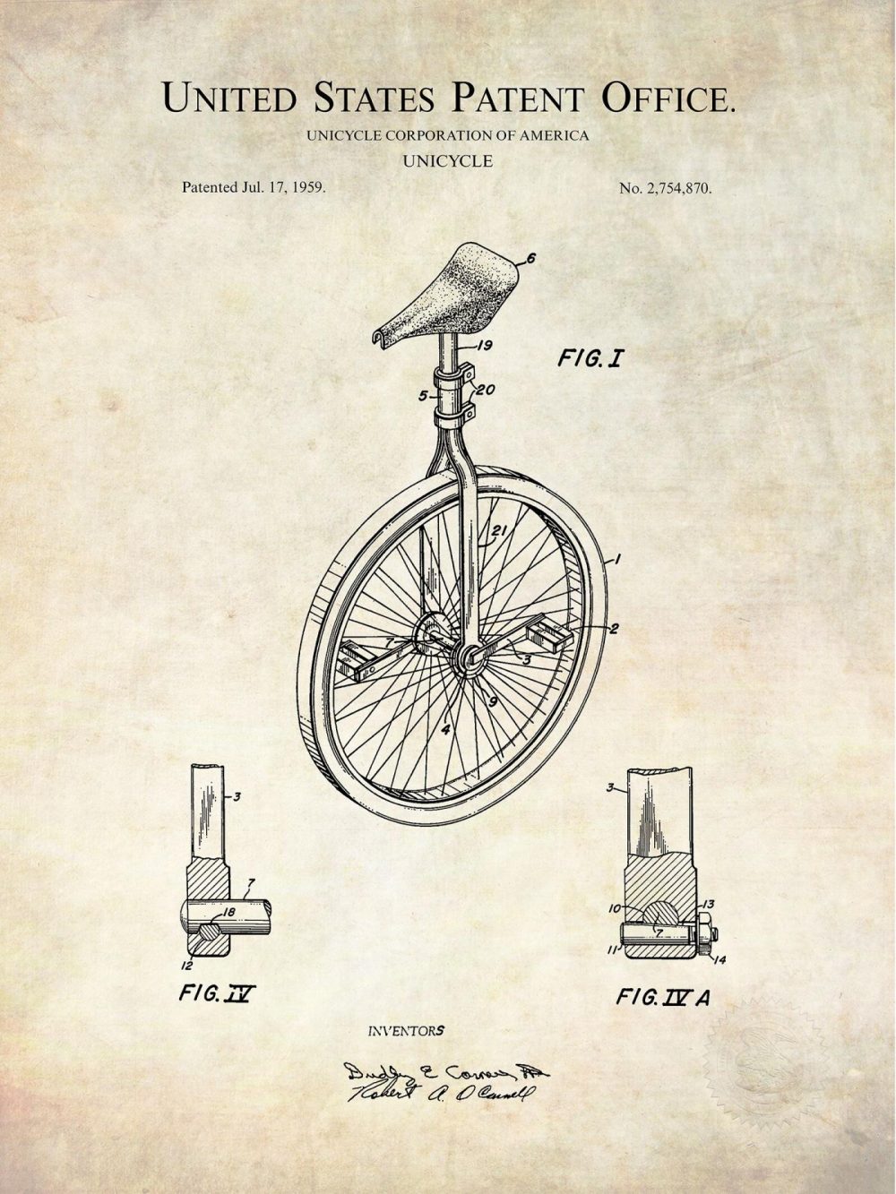 Sports | Unicycle Design | 1959 Patent Print Shop Antique