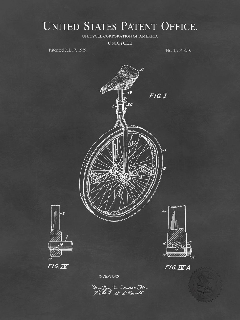 Sports | Unicycle Design | 1959 Patent Print Shop Antique