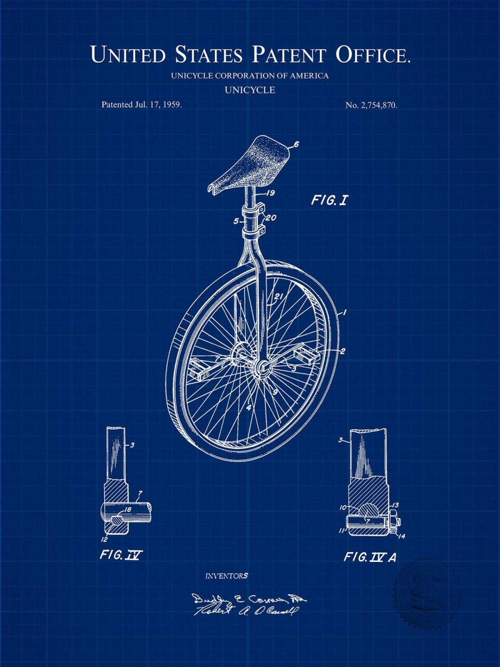 Sports | Unicycle Design | 1959 Patent Print Shop Antique