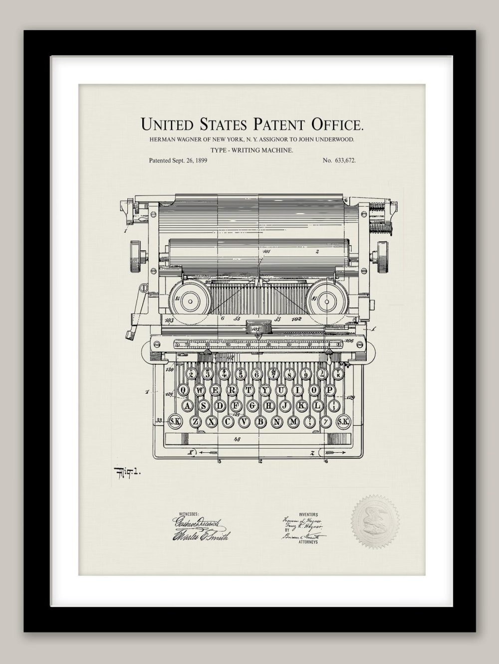 Work / School / Office | Typewriter Design | 1899 Patent Shop Antique