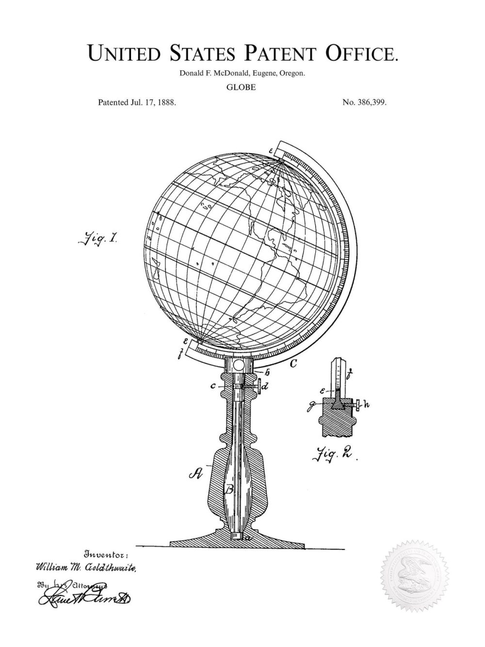 Work / School / Office | World Globe Design | 1888 Patent Print Shop Antique