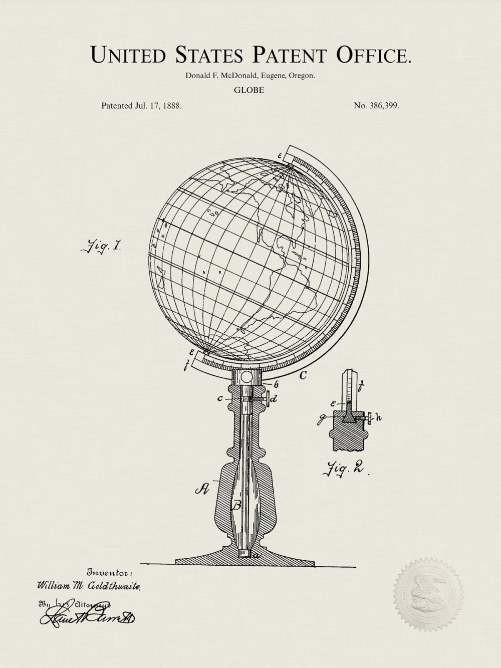 Work / School / Office | World Globe Design | 1888 Patent Print Shop Antique