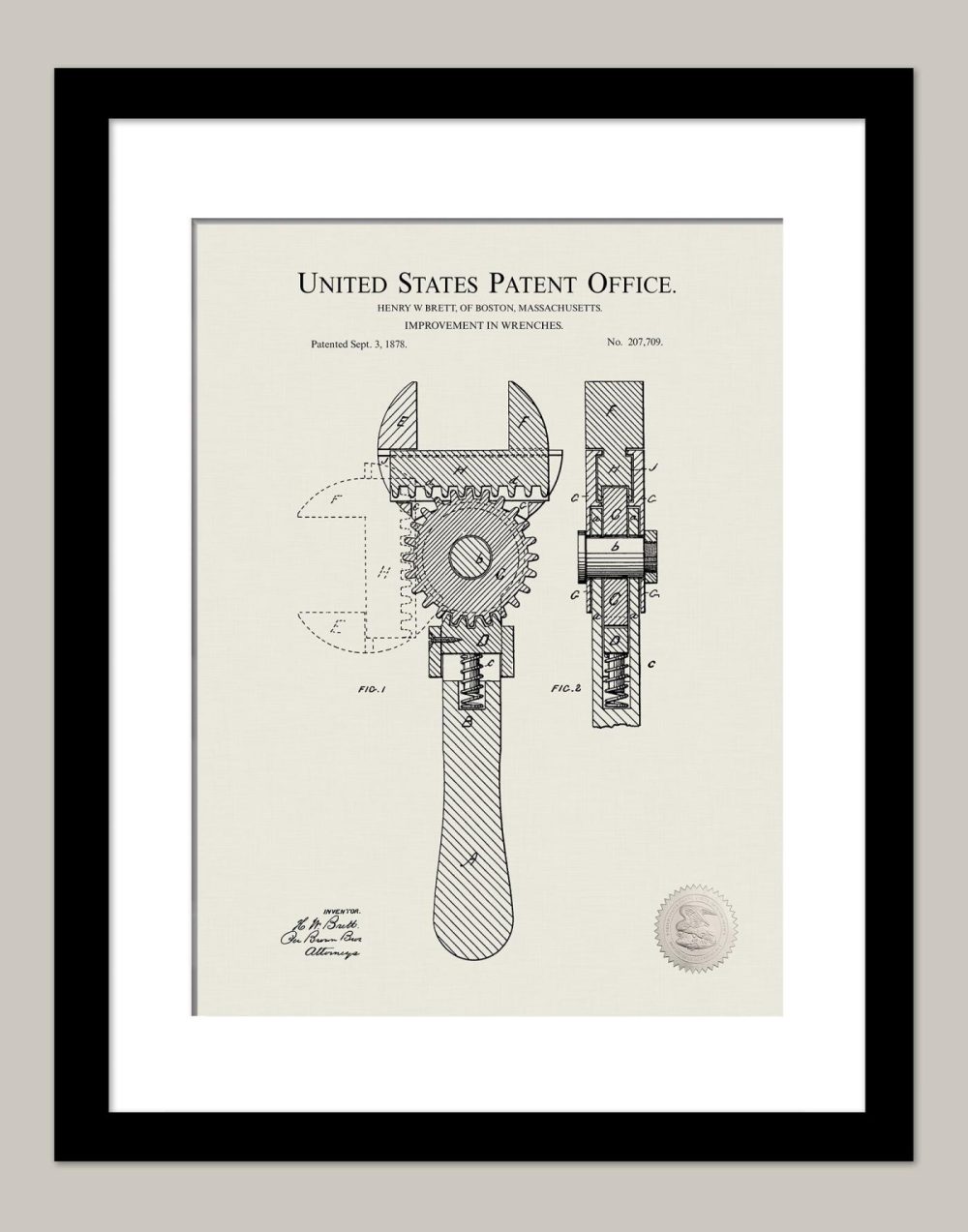 Work / School / Office | Wrench Design | 1878 Patent | Workshop Decor Shop Antique