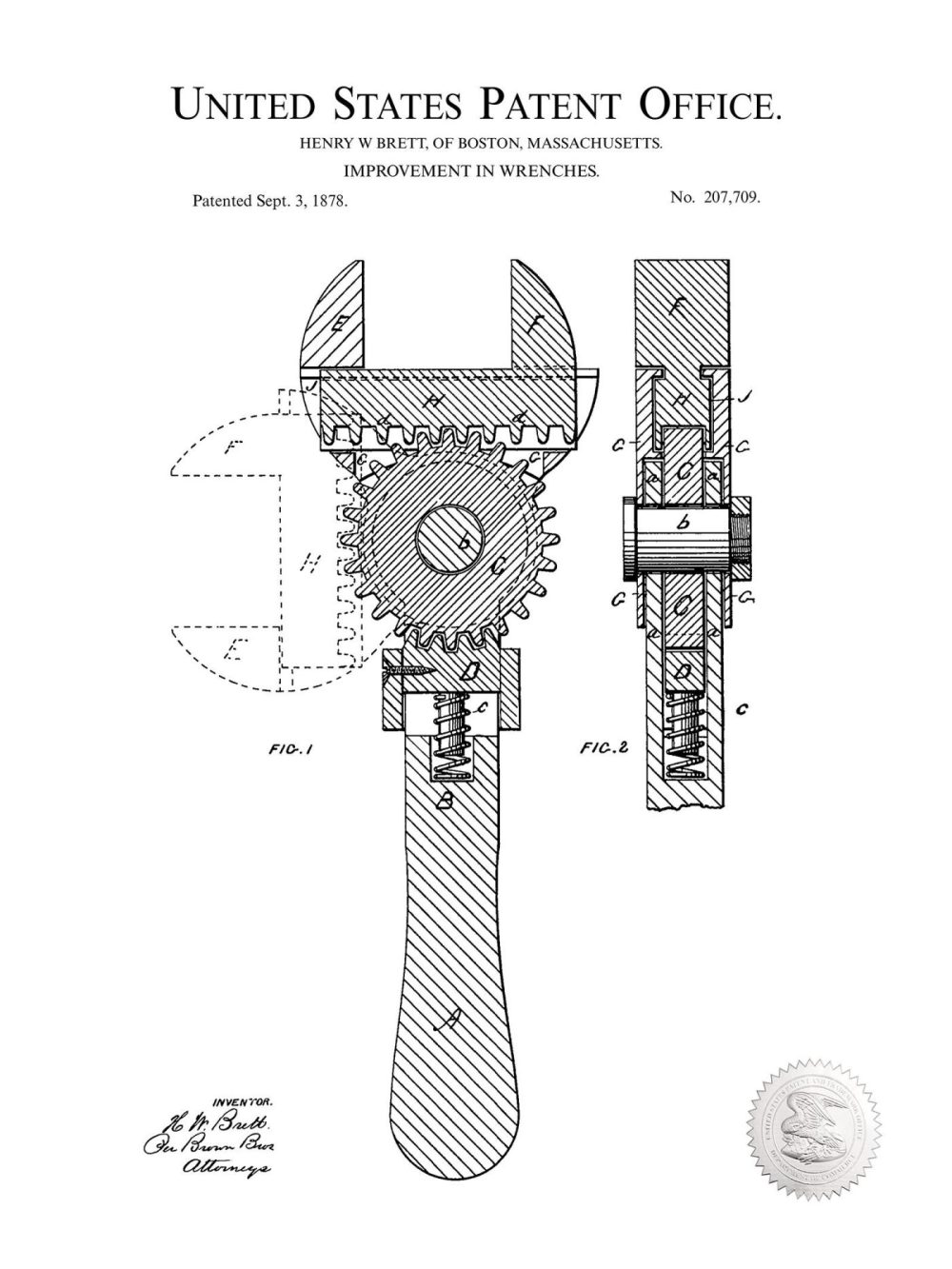 Work / School / Office | Wrench Design | 1878 Patent | Workshop Decor Shop Antique