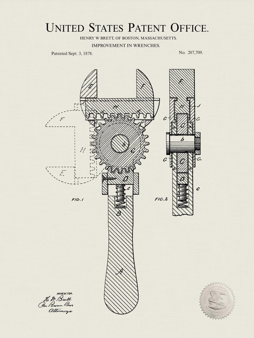 Work / School / Office | Wrench Design | 1878 Patent | Workshop Decor Shop Antique