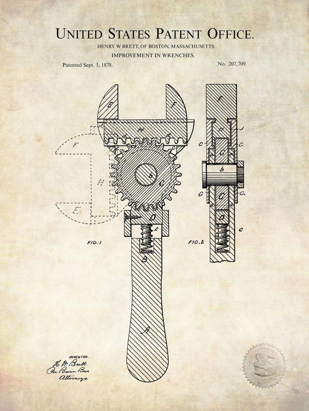 Work / School / Office | Wrench Design | 1878 Patent | Workshop Decor Shop Antique