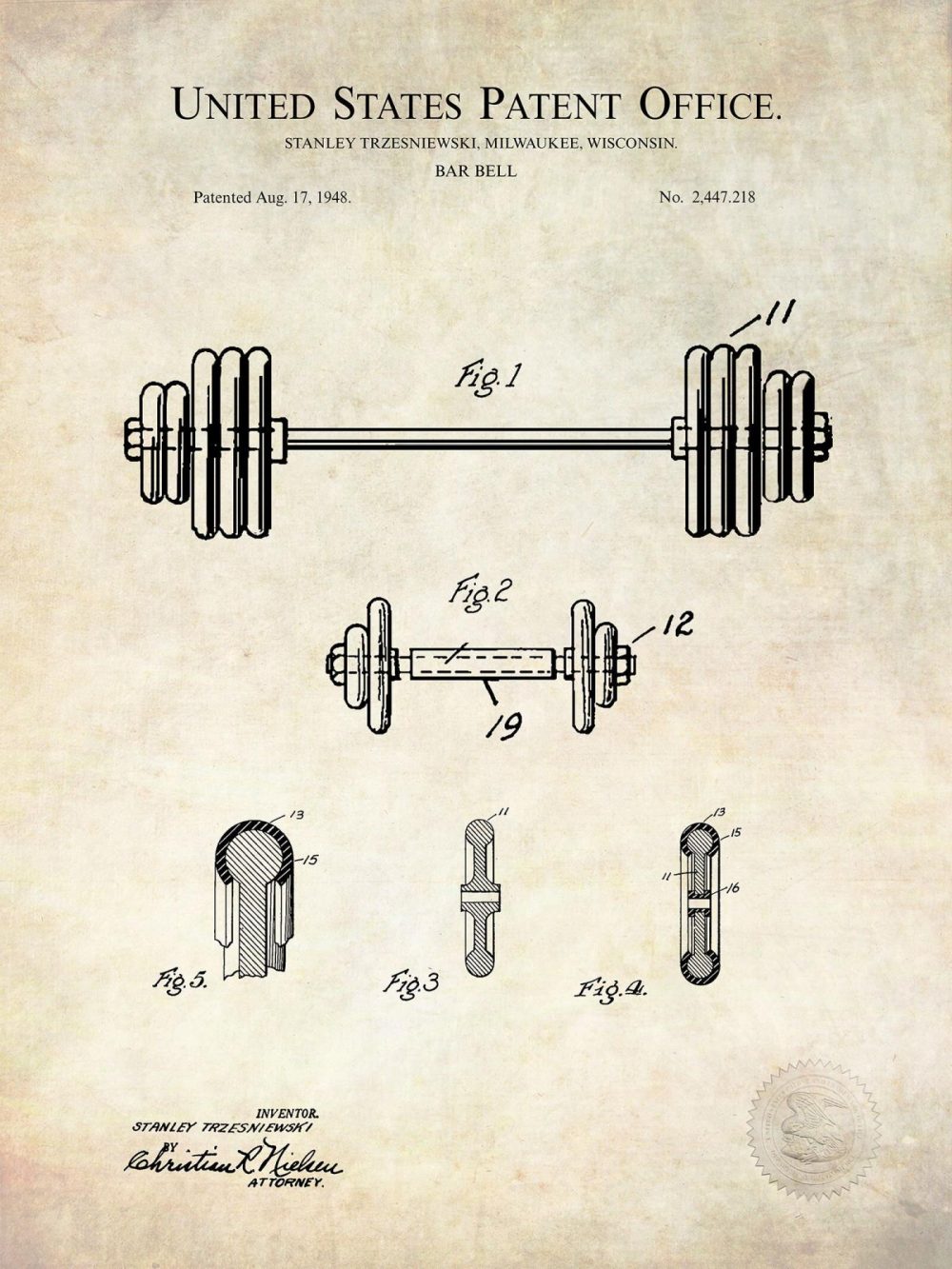 Sports | Barbell Design | 1948 Patent Shop Antique