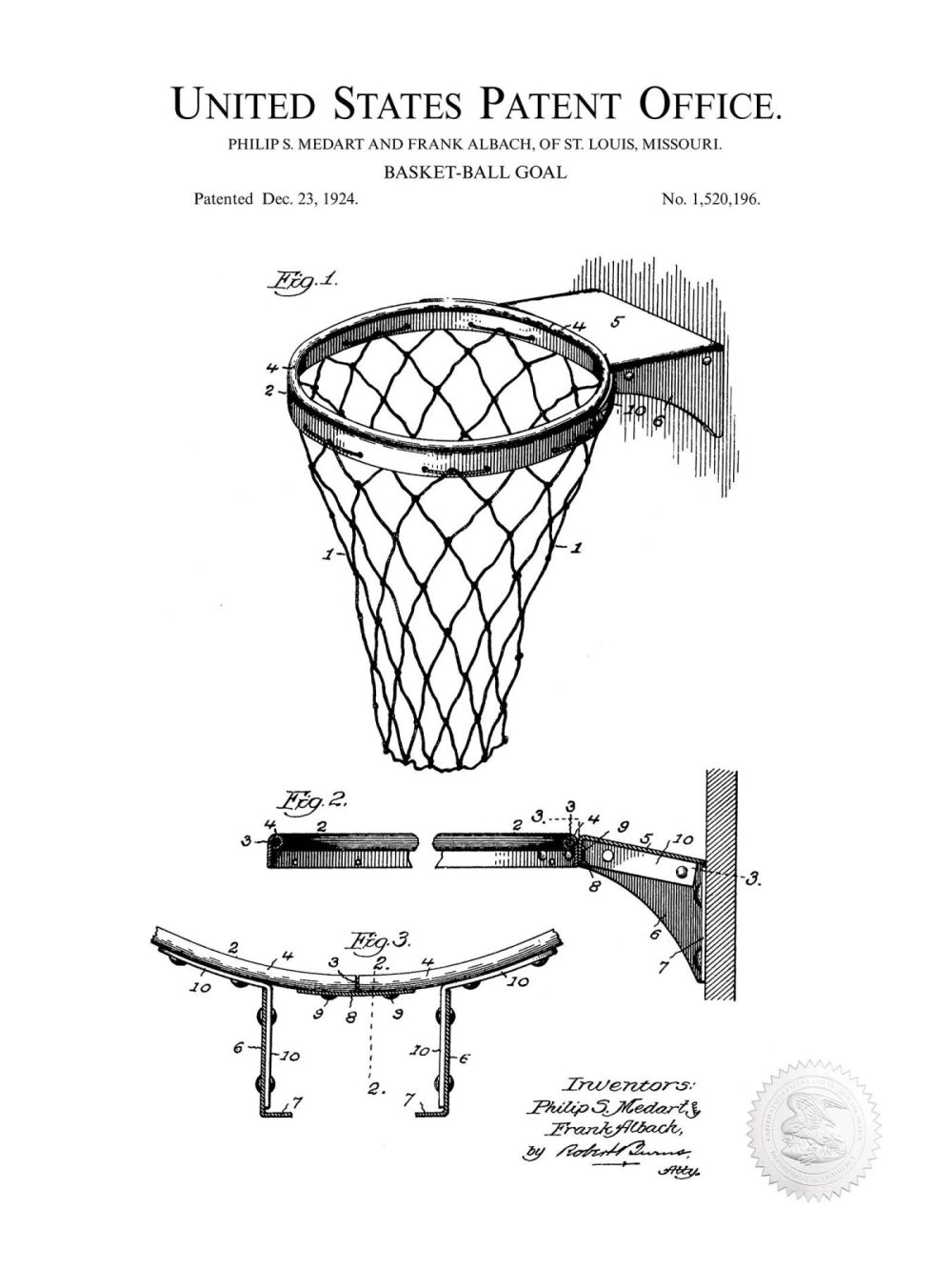 Sports | Basketball Hoop | 1924 Patent Print Shop Antique