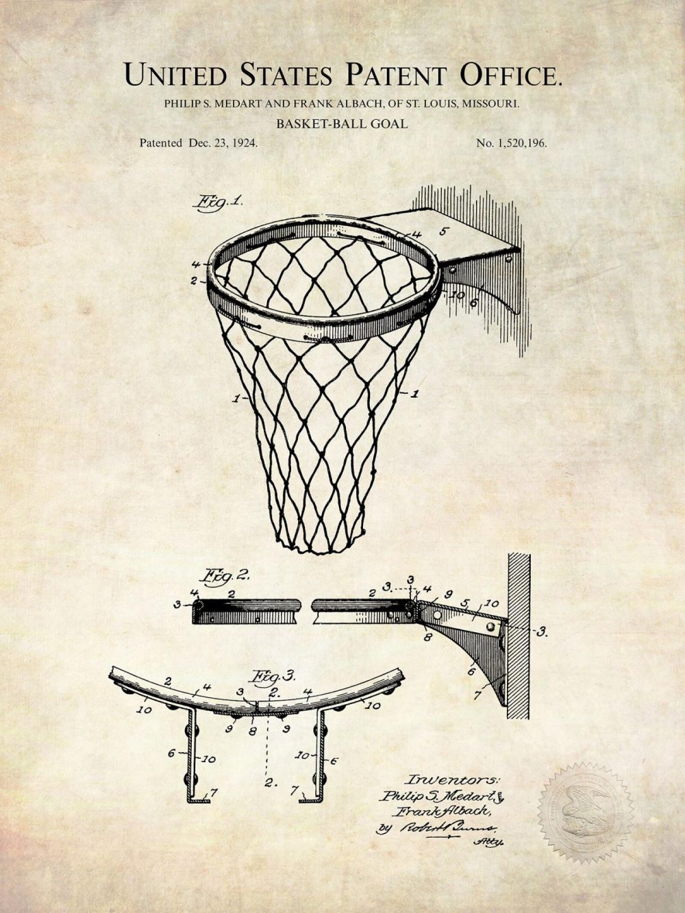 Sports | Basketball Hoop | 1924 Patent Print Shop Antique