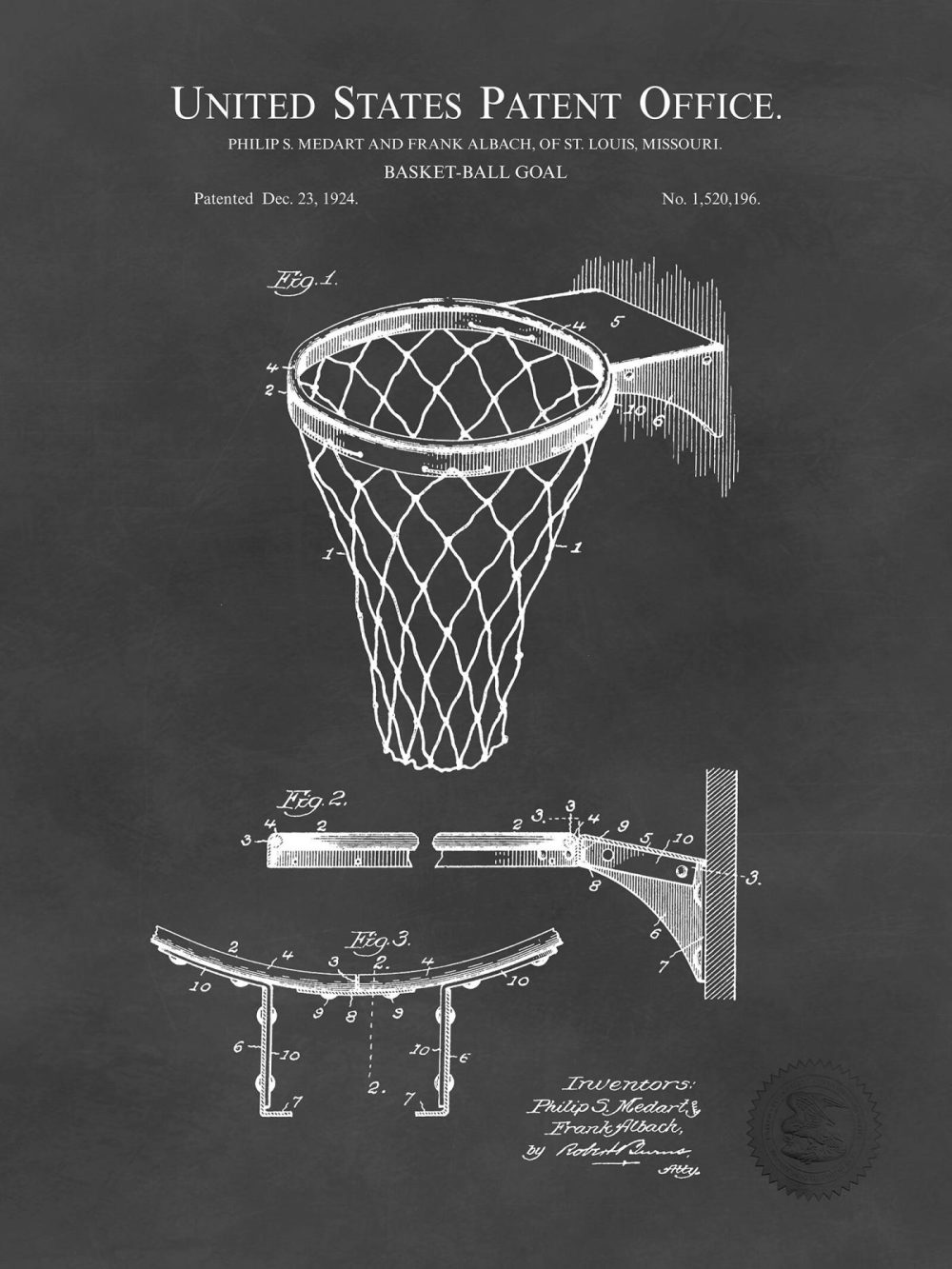 Sports | Basketball Hoop | 1924 Patent Print Shop Antique