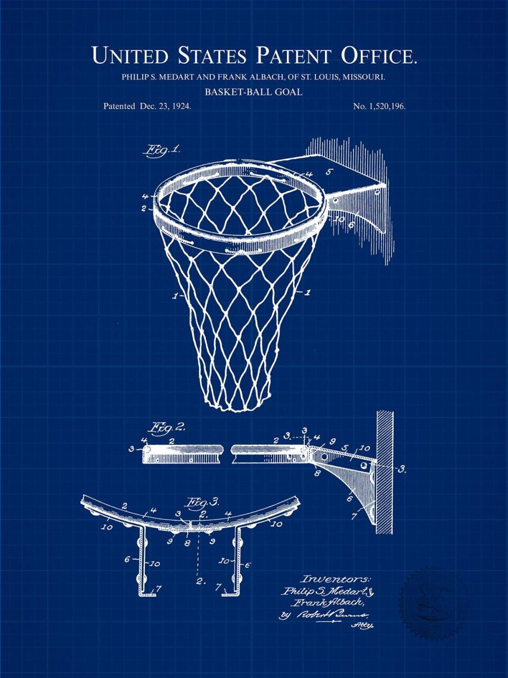 Sports | Basketball Hoop | 1924 Patent Print Shop Antique