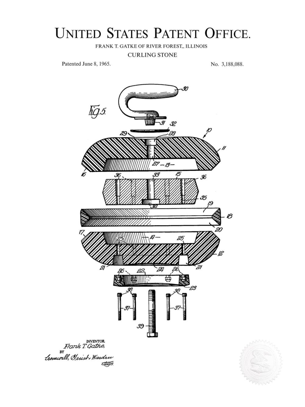 Sports | Curling Stone Design | 1965 Patent Print Shop Antique