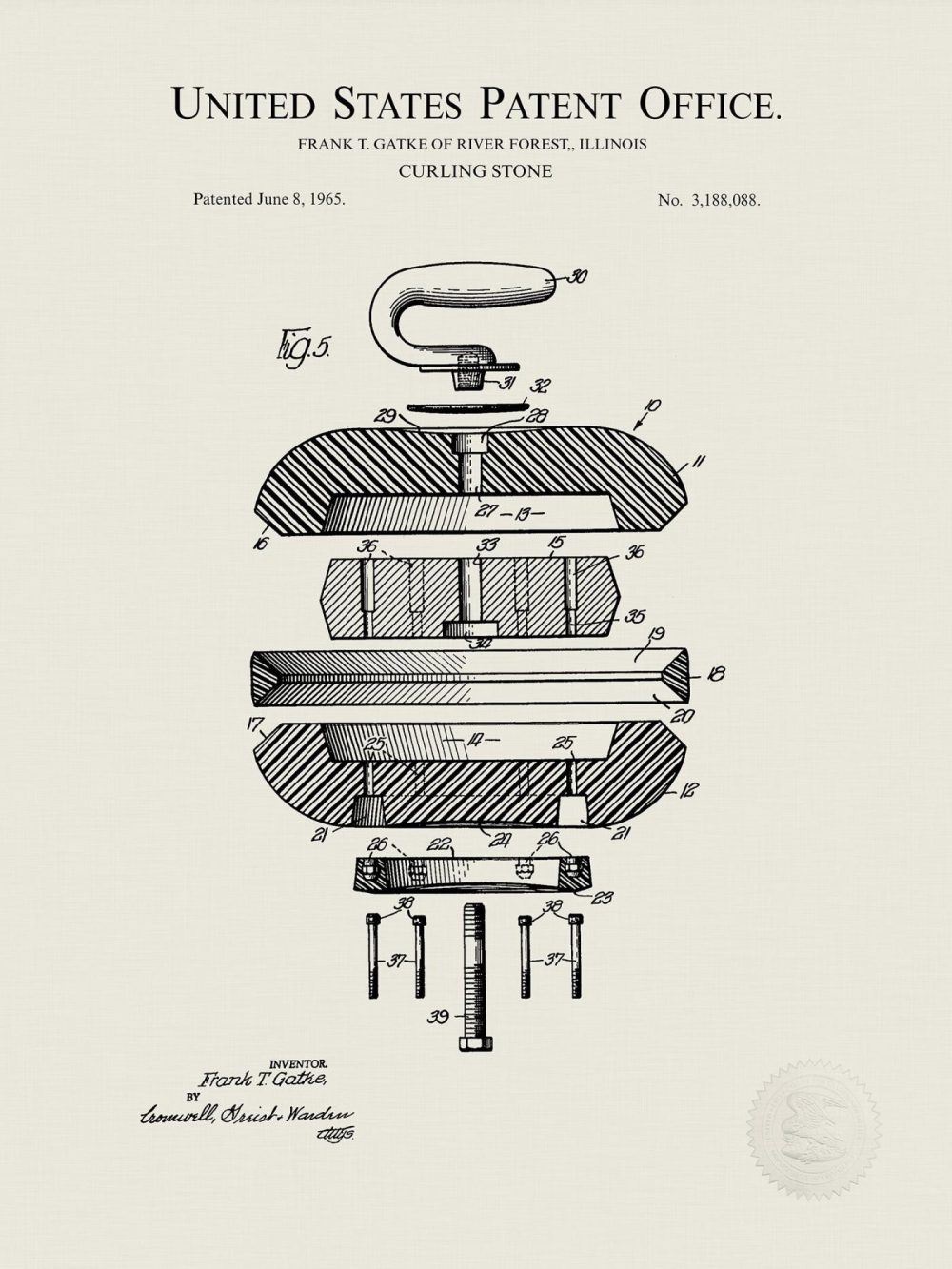 Sports | Curling Stone Design | 1965 Patent Print Shop Antique