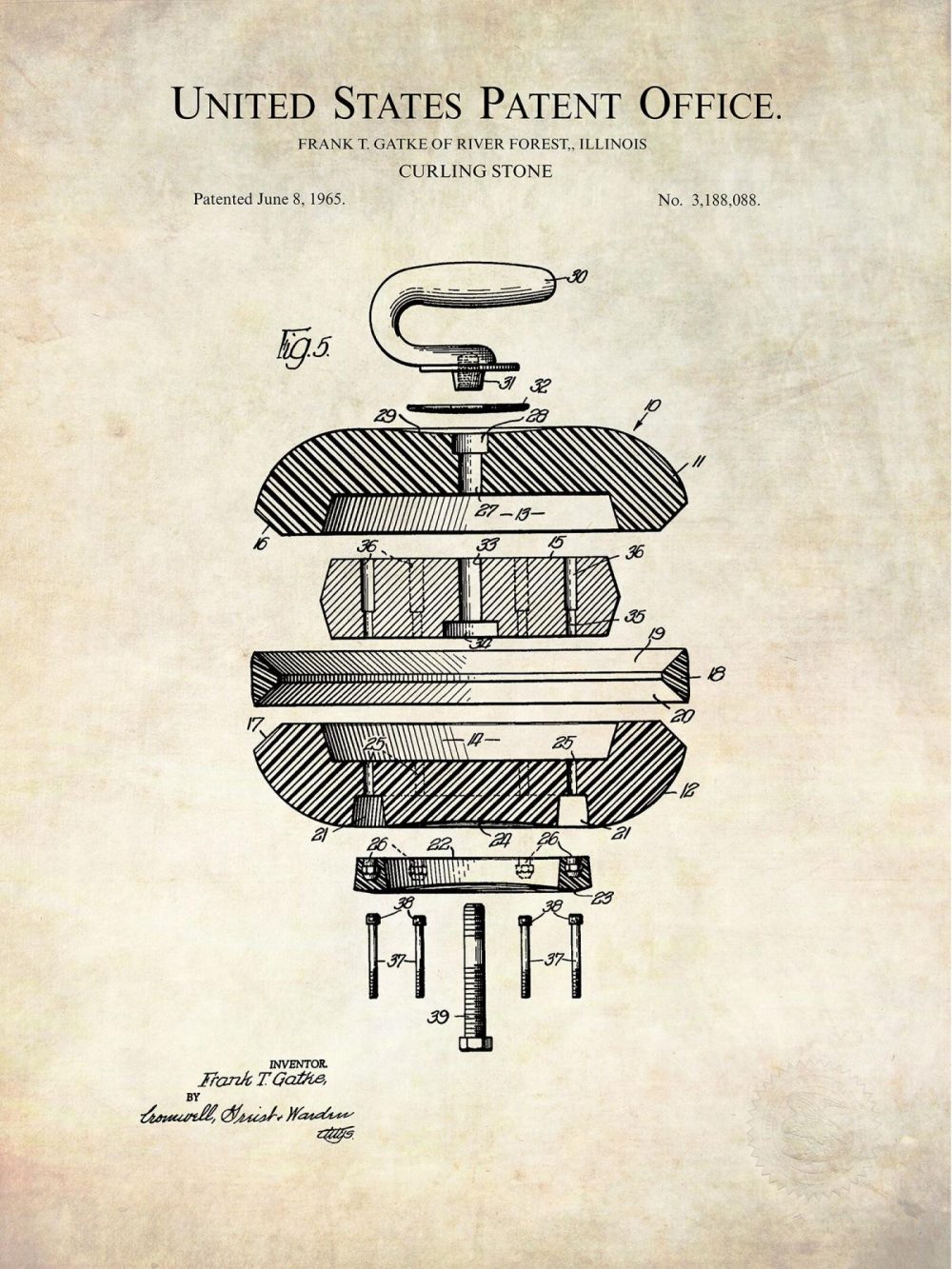 Sports | Curling Stone Design | 1965 Patent Print Shop Antique