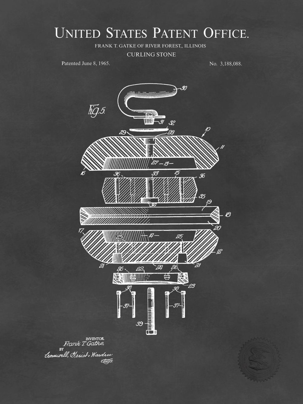 Sports | Curling Stone Design | 1965 Patent Print Shop Antique