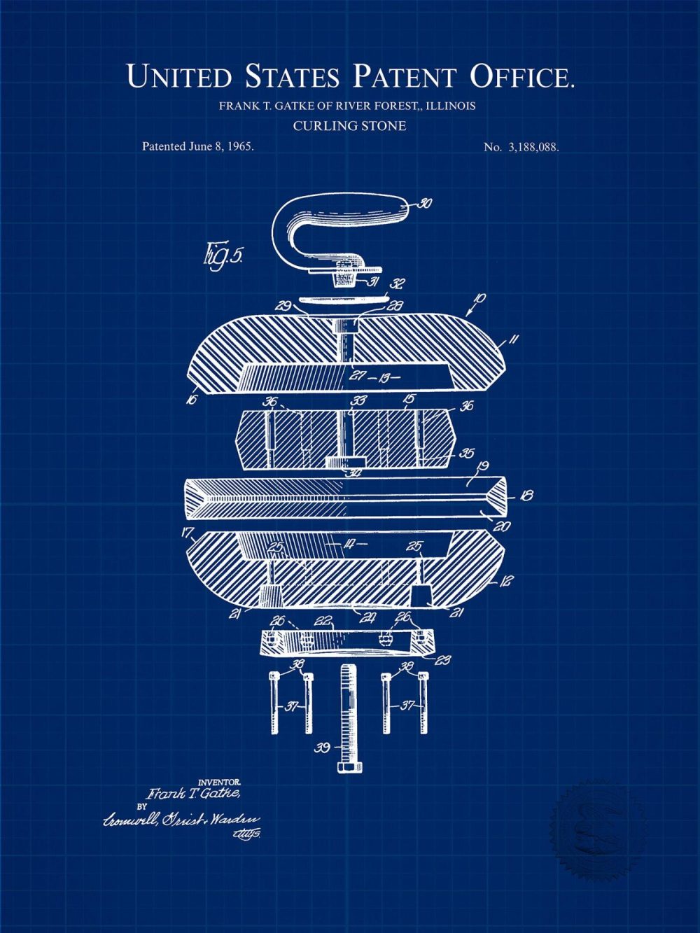 Sports | Curling Stone Design | 1965 Patent Print Shop Antique