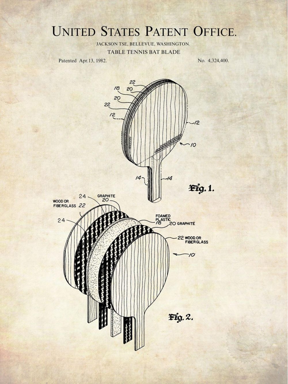 Sports | Table Tennis Paddle | 1982 Patent Shop Antique