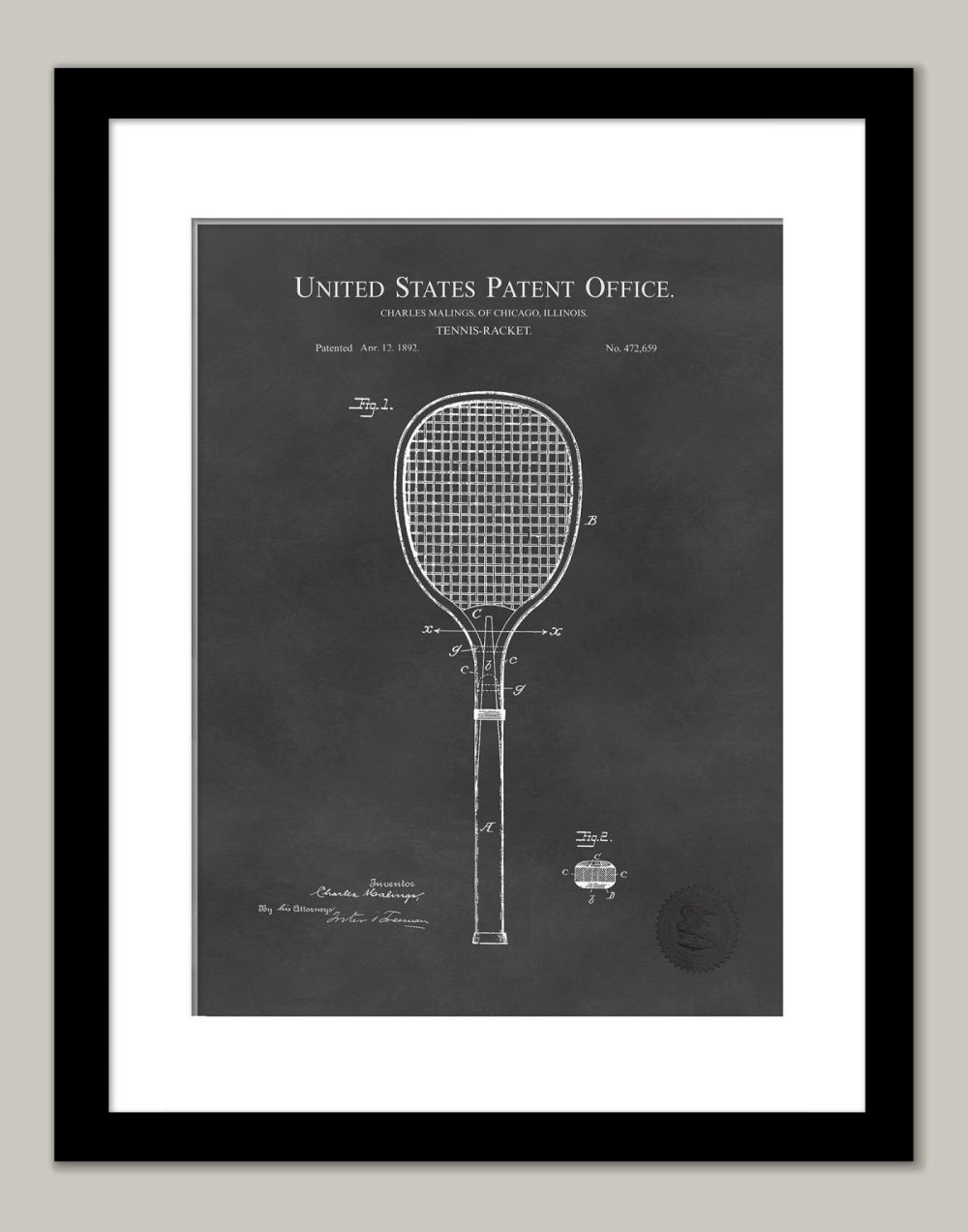 Sports | Tennis Racket Design | 1892 Patent Shop Antique