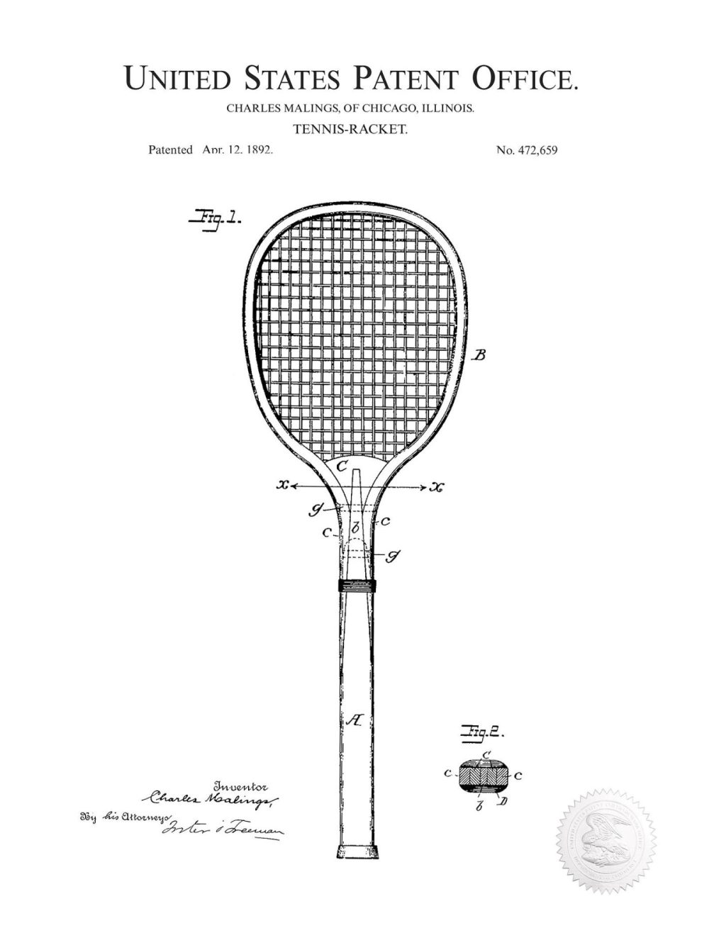 Sports | Tennis Racket Design | 1892 Patent Shop Antique