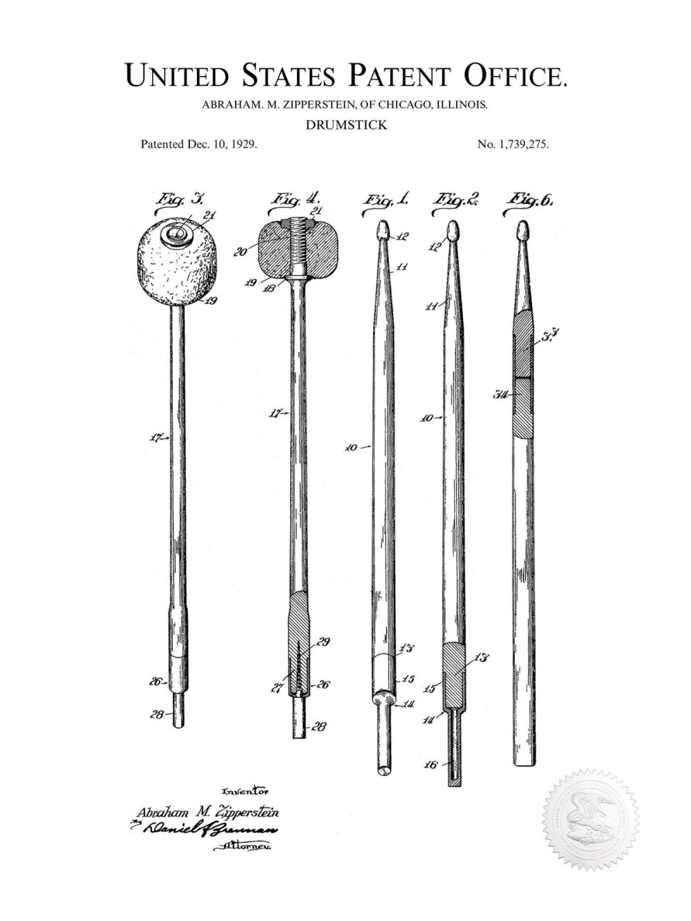 Music / Hip Hop / Instruments | Drum Stick Design | 1929 Patent Print Music / Hip Hop / Instruments Antique