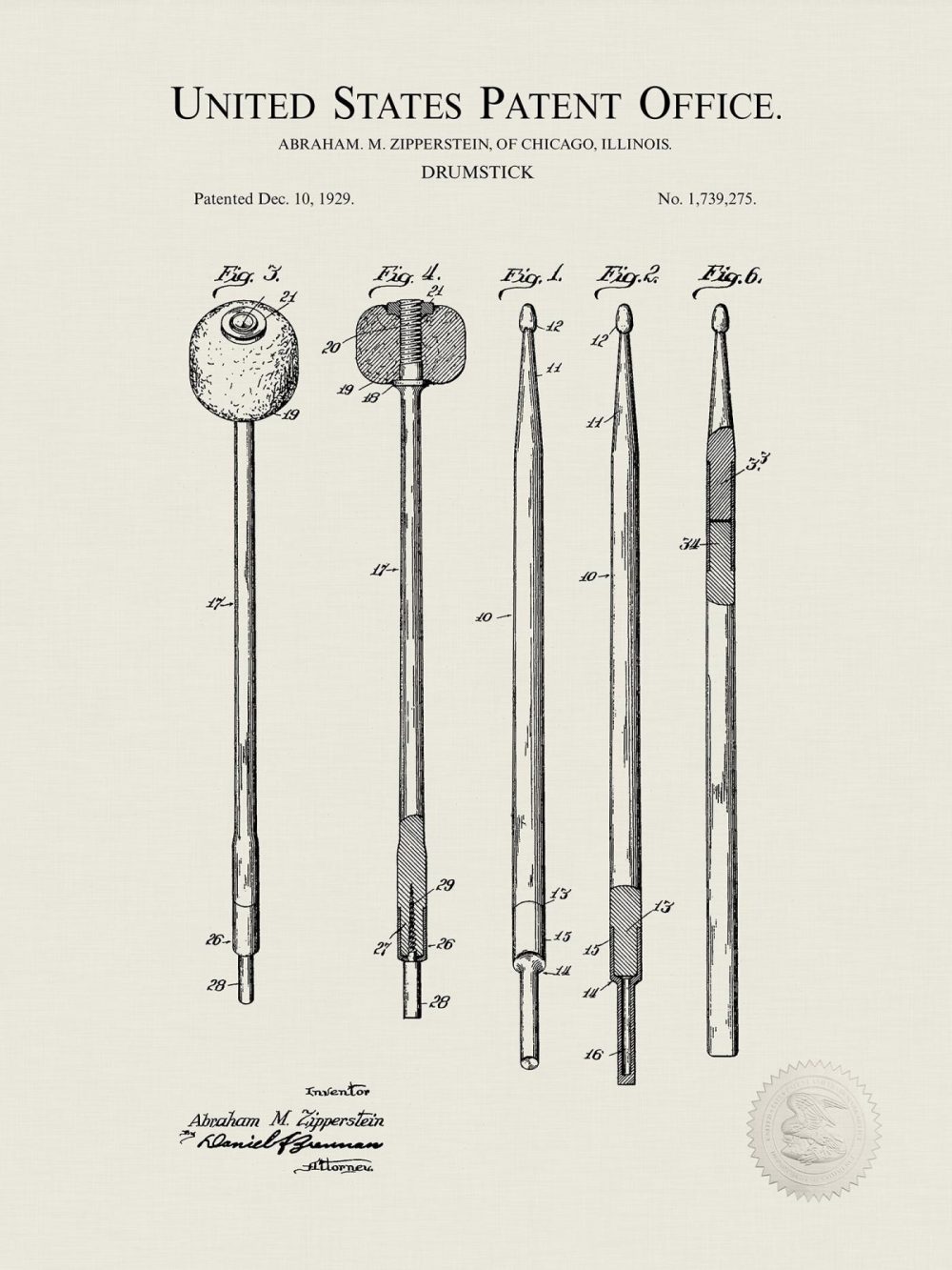 Music / Hip Hop / Instruments | Drum Stick Design | 1929 Patent Print Music / Hip Hop / Instruments Antique