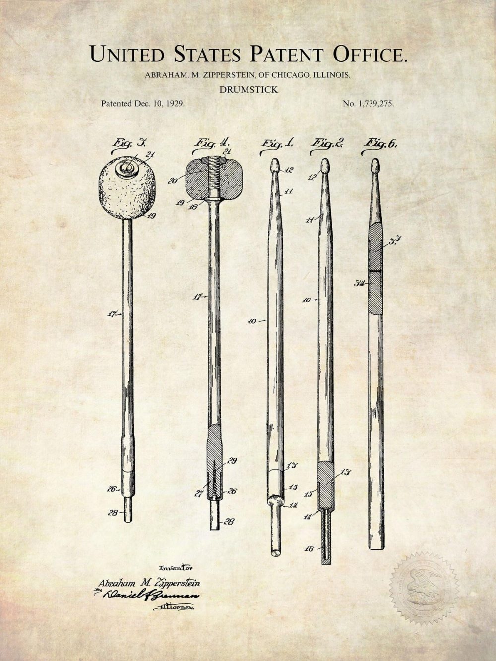 Music / Hip Hop / Instruments | Drum Stick Design | 1929 Patent Print Music / Hip Hop / Instruments Antique