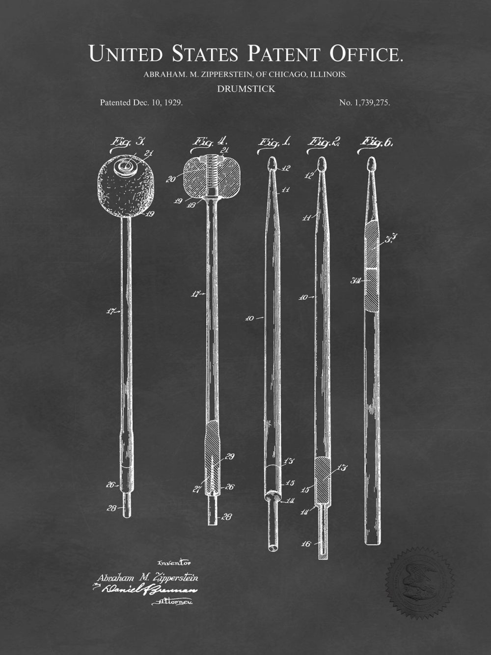 Music / Hip Hop / Instruments | Drum Stick Design | 1929 Patent Print Music / Hip Hop / Instruments Antique