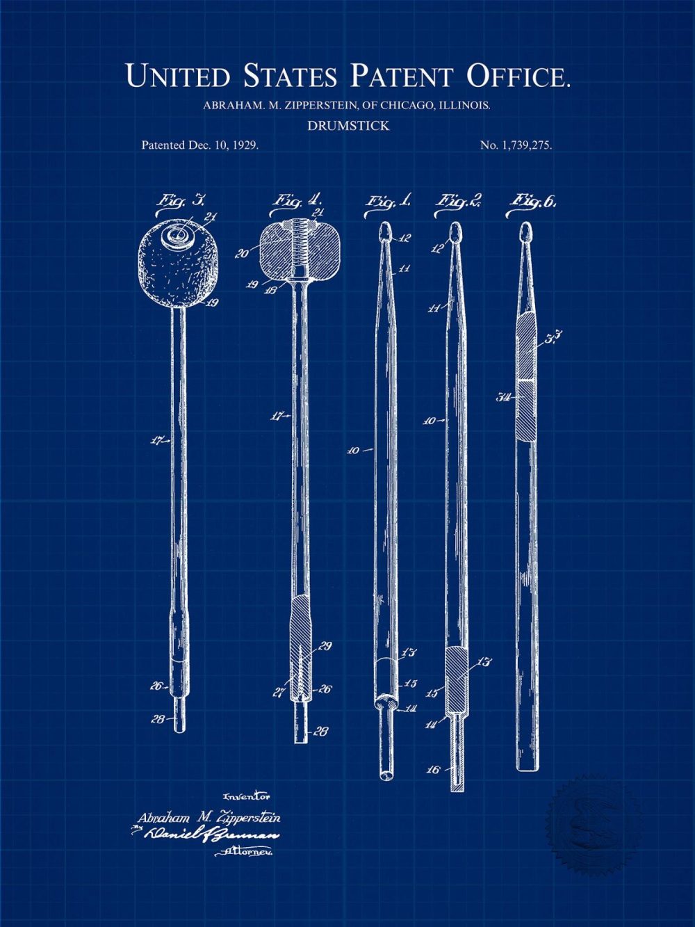 Music / Hip Hop / Instruments | Drum Stick Design | 1929 Patent Print Music / Hip Hop / Instruments Antique