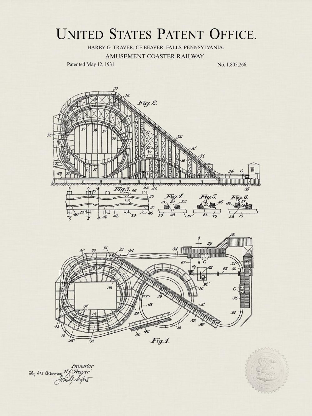 Carnival / Steampunk / Occult | Roller Coaster Design | 1921 Patent Carnival / Steampunk / Occult Antique