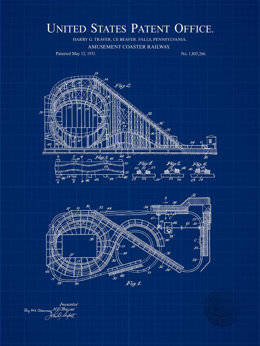 Carnival / Steampunk / Occult | Roller Coaster Design | 1921 Patent Carnival / Steampunk / Occult Antique