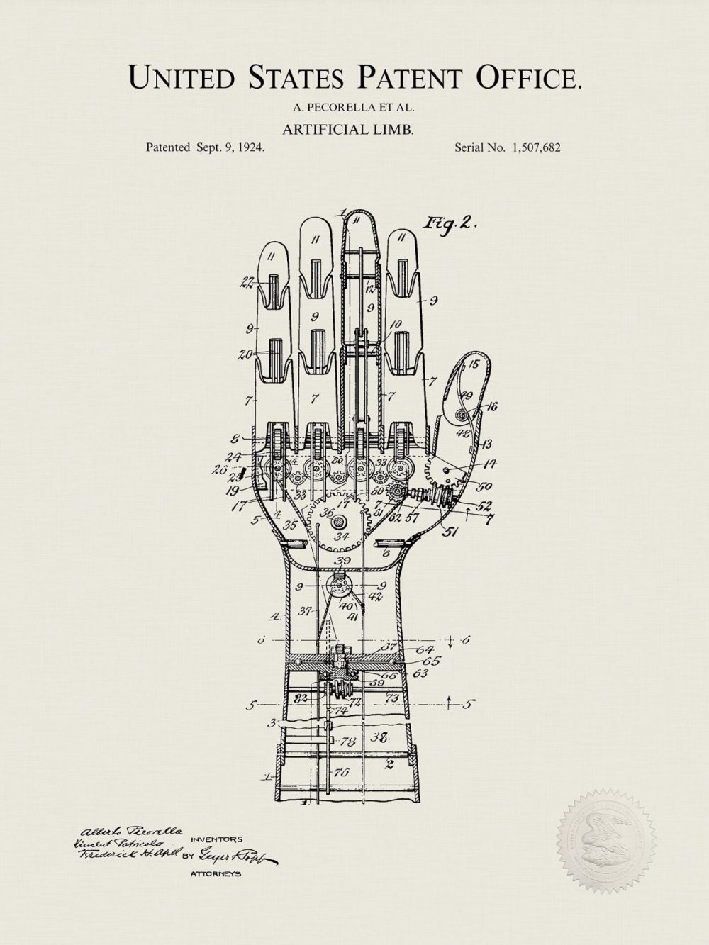 Work / School / Office | Artificial Limb Design | 1929 Patent Carnival / Steampunk / Occult Antique